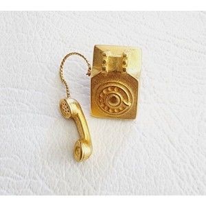 Vintage JJ Gold Tone Telephone Lapel Pin Brooch Signed 1"